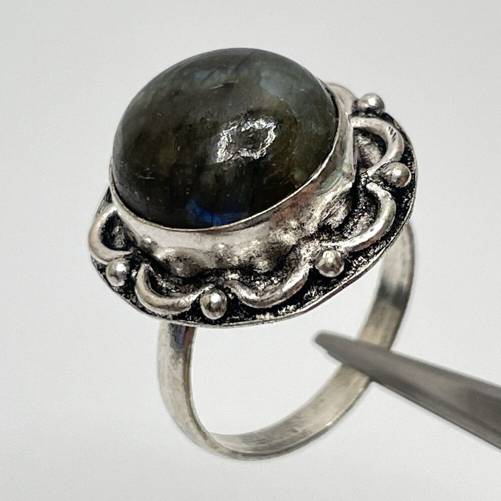 Round Cut Labradorite Gemstone Ring Silver Statement Boho Sz 7.5